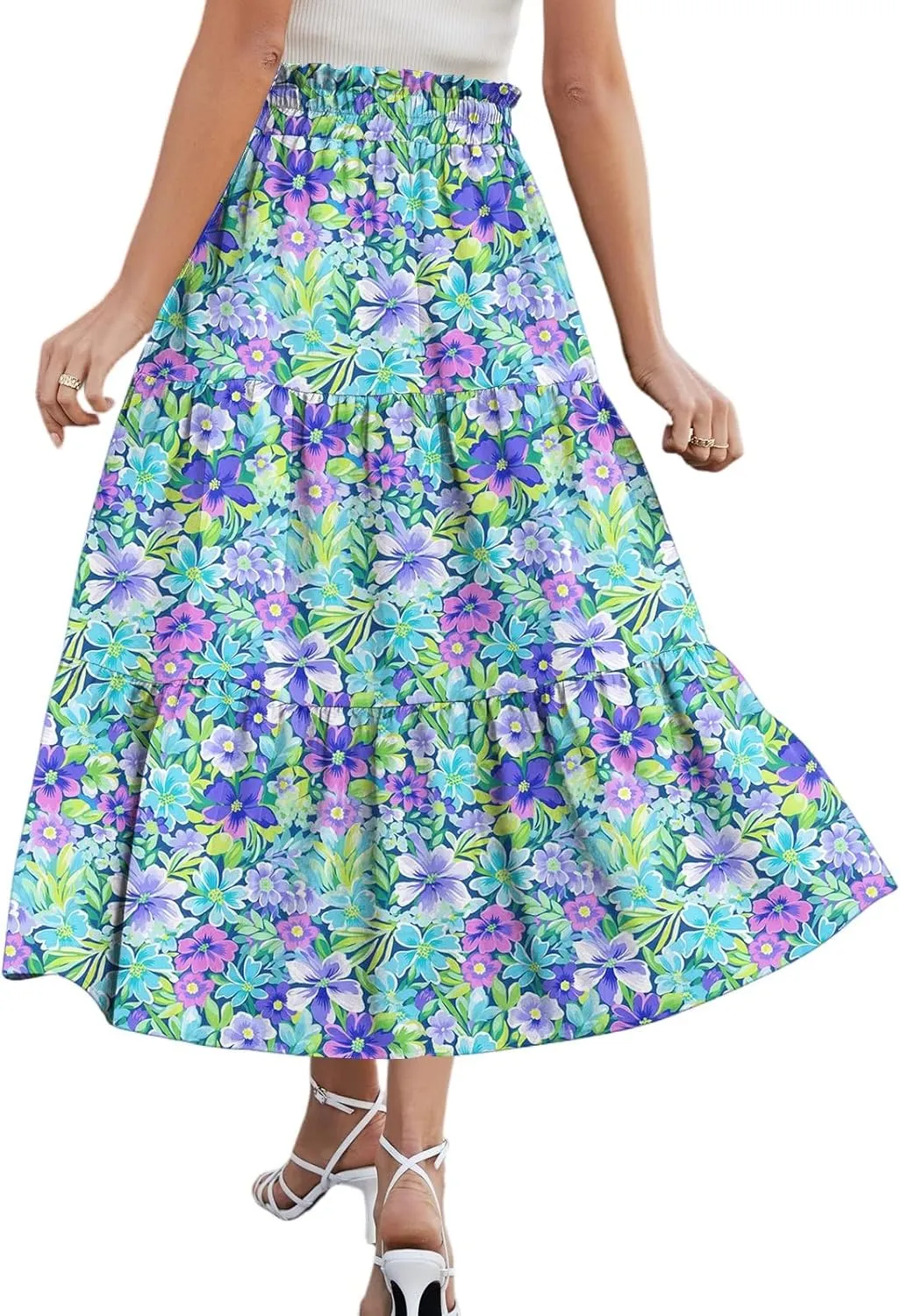 Midi Skirt for Women Summer Tiered High Waisted Knee Length Skirt A Line Flowy Floral Print Skirts with Pockets