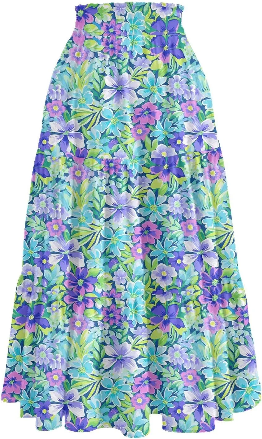 Midi Skirt for Women Summer Tiered High Waisted Knee Length Skirt A Line Flowy Floral Print Skirts with Pockets