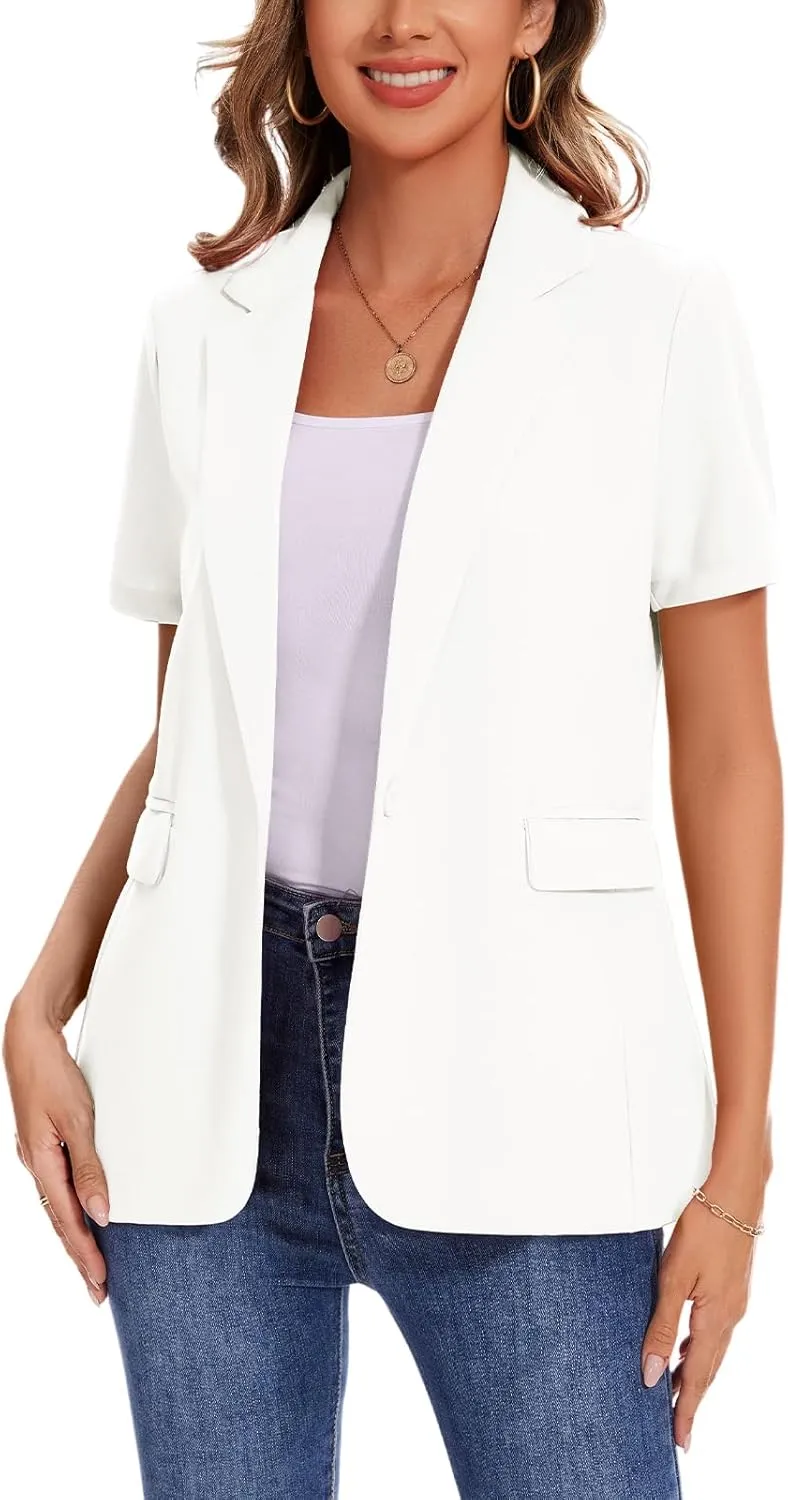MINTLIMIT Women Short Sleeve Blazer Lightweight Button Front Business Jacket Notched Lapel Work Office Blazers with Pockets