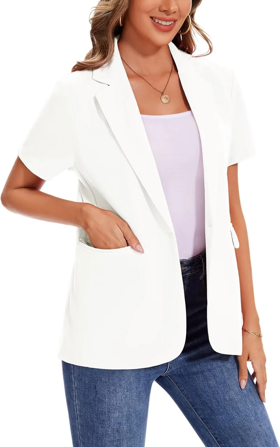 MINTLIMIT Women Short Sleeve Blazer Lightweight Button Front Business Jacket Notched Lapel Work Office Blazers with Pockets