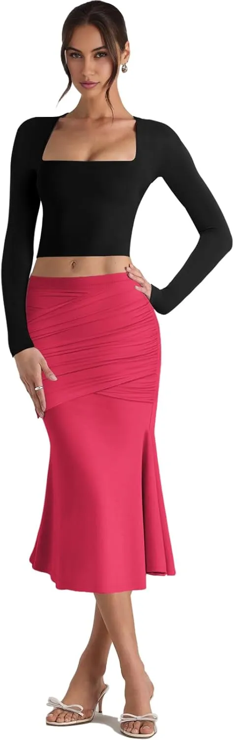 Pasgreson Women's Fishtail Midi Skirts High Waist Mermaid Bodycon Skirts Stretch Work Business Pencil Skirt