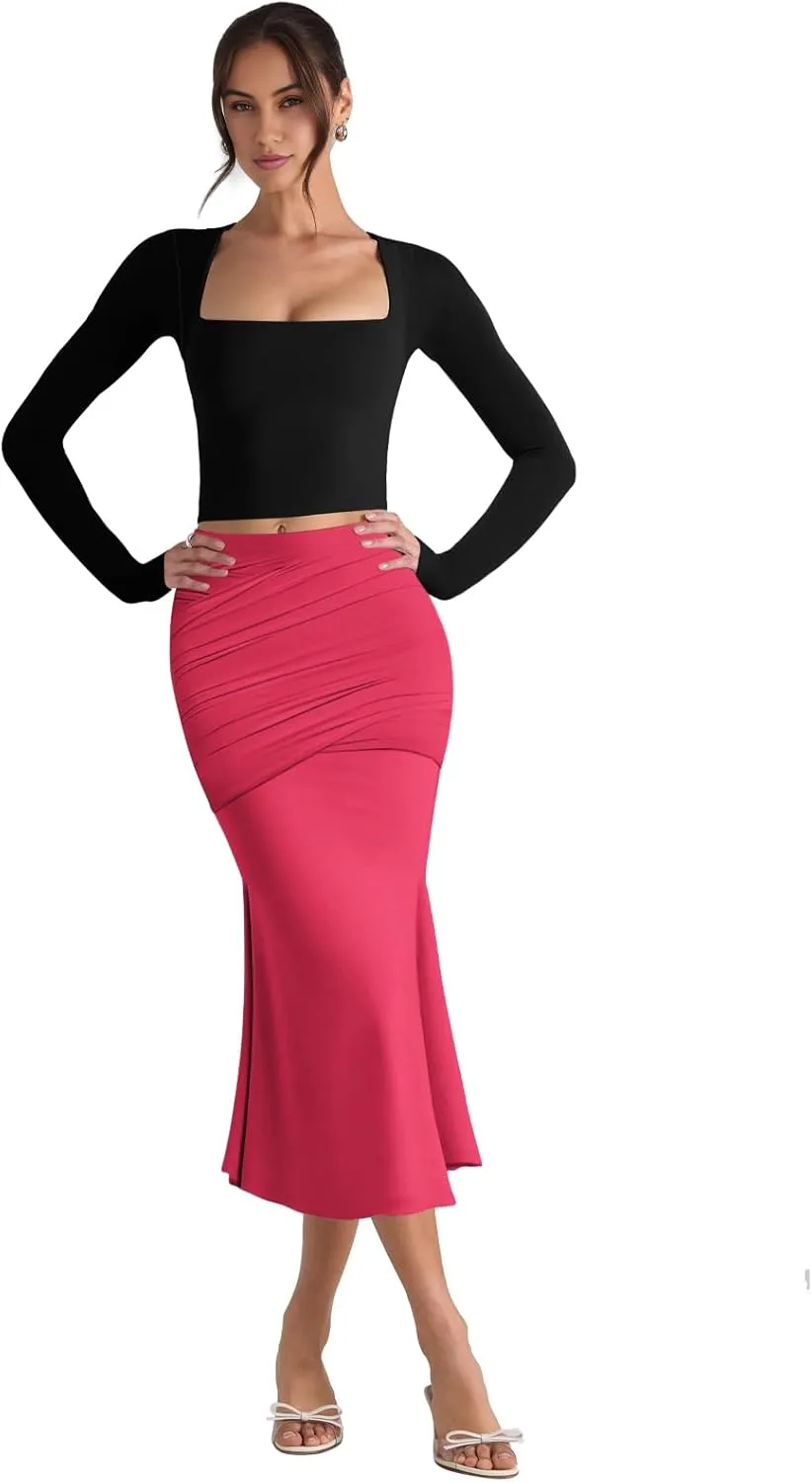 Pasgreson Women's Fishtail Midi Skirts High Waist Mermaid Bodycon Skirts Stretch Work Business Pencil Skirt