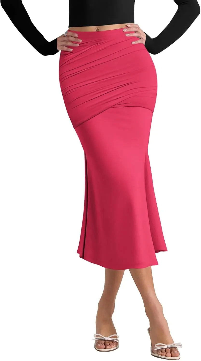 Pasgreson Women's Fishtail Midi Skirts High Waist Mermaid Bodycon Skirts Stretch Work Business Pencil Skirt