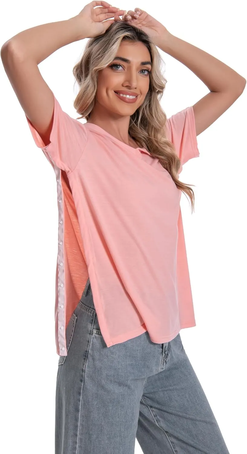 Post Shoulder Surgery Shirt for Women Short Sleeve V Neck Rotator Cuff Broken Arm Recovery Must Haves Clothing Comfy Shirts