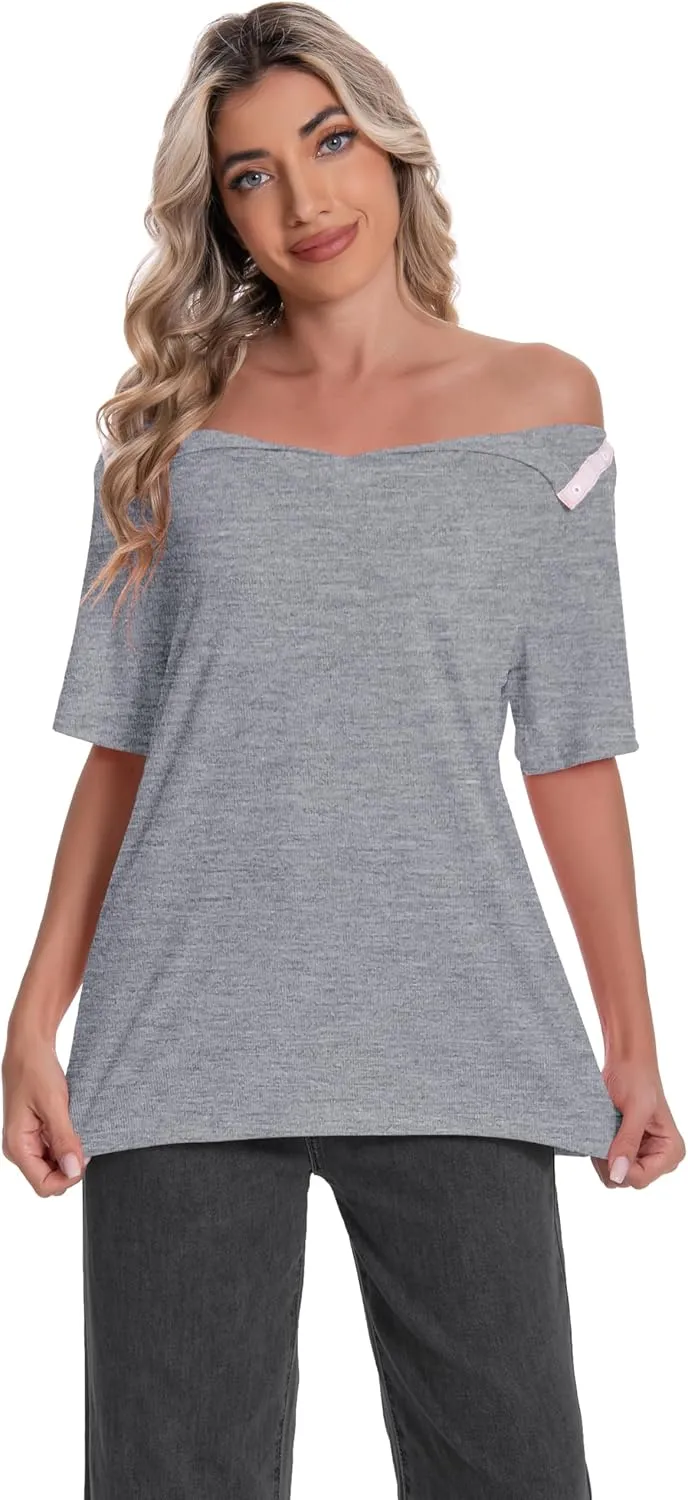 Post Shoulder Surgery Shirt for Women Short Sleeve V Neck Rotator Cuff Broken Arm Recovery Must Haves Clothing Comfy Shirts