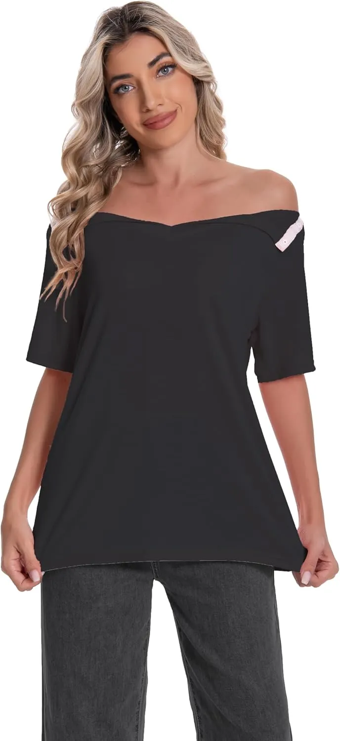 Post Shoulder Surgery Shirt for Women Short Sleeve V Neck Rotator Cuff Broken Arm Recovery Must Haves Clothing Comfy Shirts