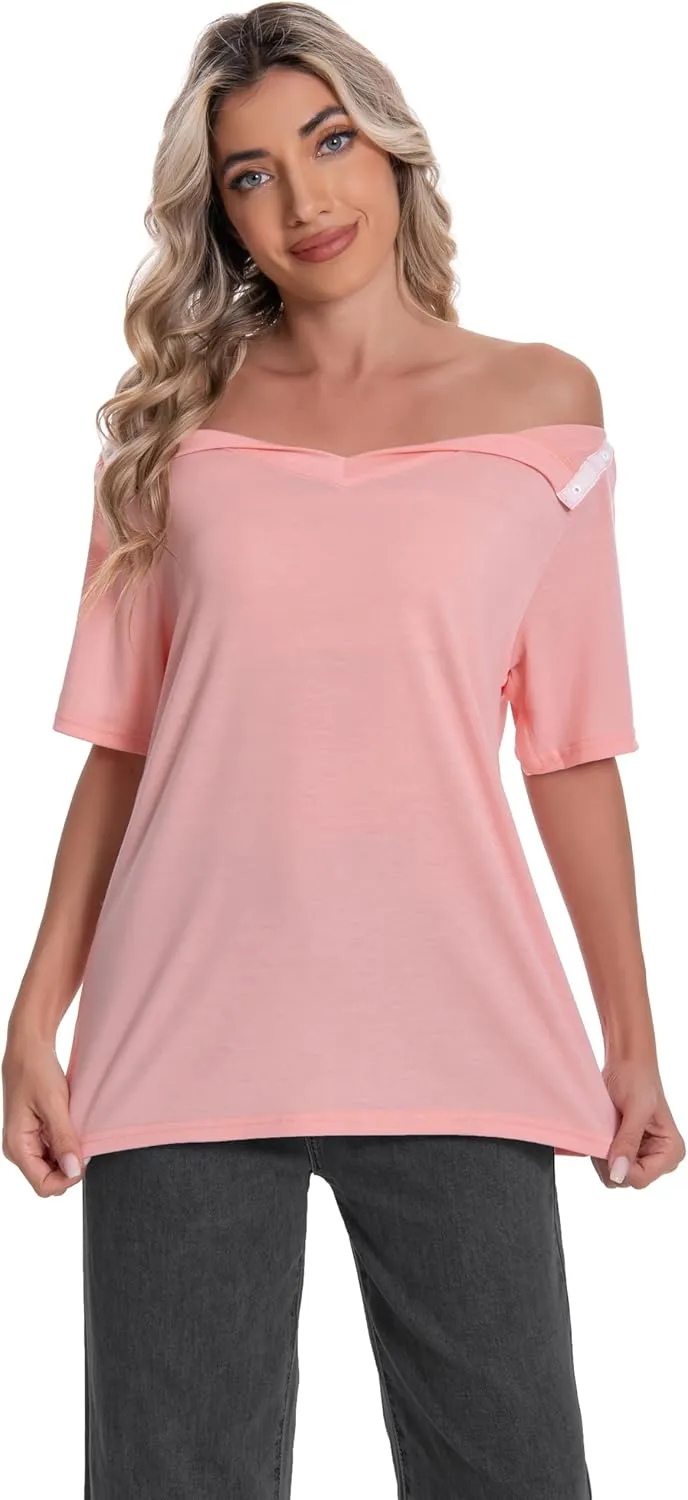 Post Shoulder Surgery Shirt for Women Short Sleeve V Neck Rotator Cuff Broken Arm Recovery Must Haves Clothing Comfy Shirts