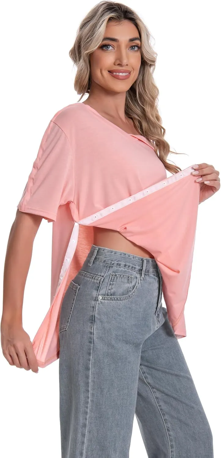Post Shoulder Surgery Shirt for Women Short Sleeve V Neck Rotator Cuff Broken Arm Recovery Must Haves Clothing Comfy Shirts