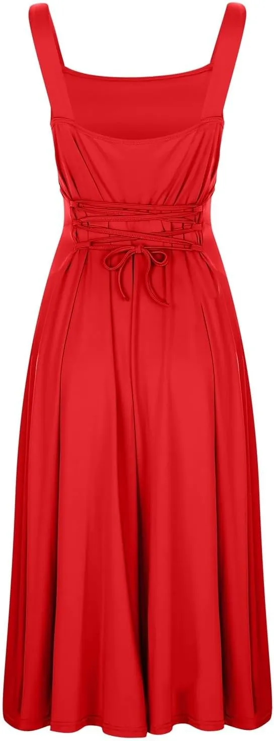 PTOLOCIF Women's Solid Color Thick Shoulder Strap Slim Fit Lace Up Waist Dress Casual Skirt Plus Size Dress Suits