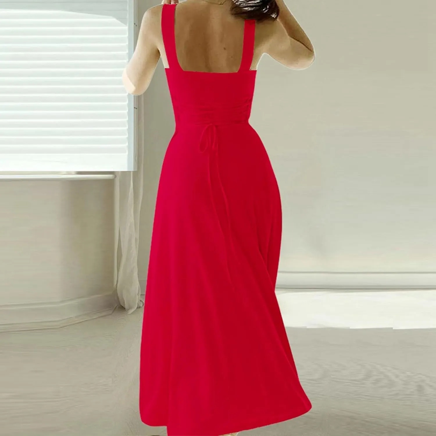 PTOLOCIF Women's Solid Color Thick Shoulder Strap Slim Fit Lace Up Waist Dress Casual Skirt Plus Size Dress Suits