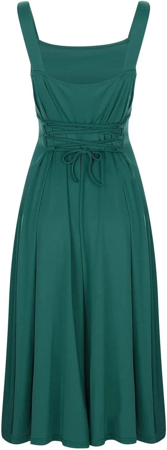 PTOLOCIF Women's Solid Color Thick Shoulder Strap Slim Fit Lace Up Waist Dress Casual Skirt Plus Size Dress Suits