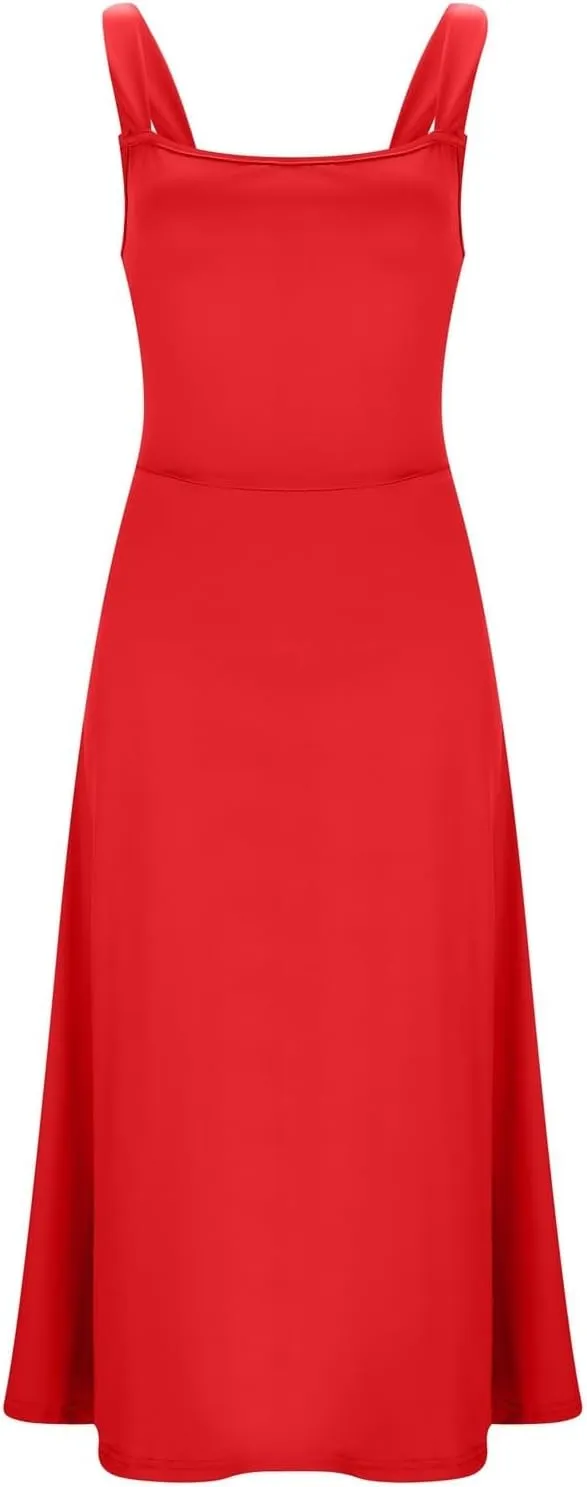PTOLOCIF Women's Solid Color Thick Shoulder Strap Slim Fit Lace Up Waist Dress Casual Skirt Plus Size Dress Suits