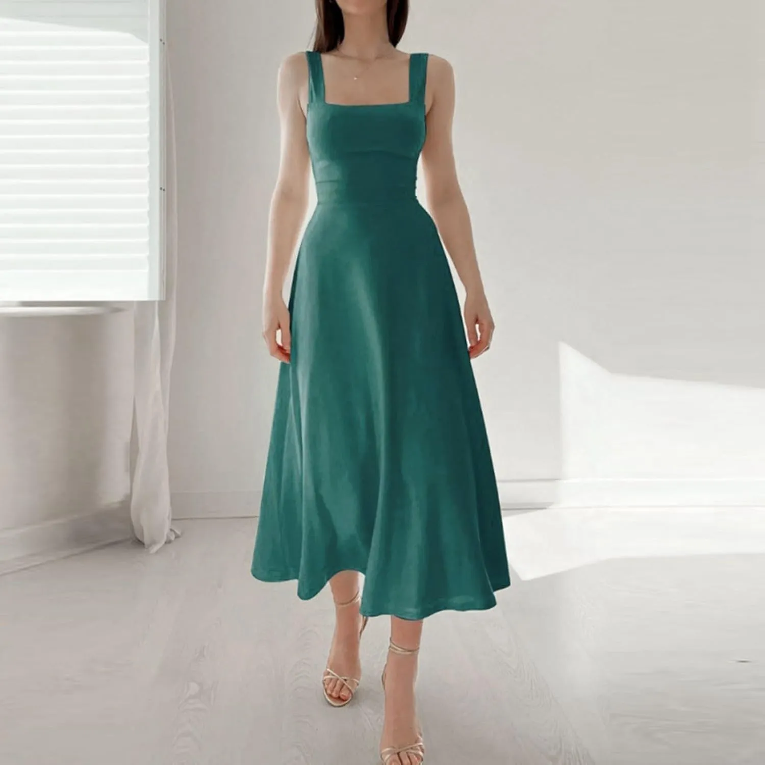 PTOLOCIF Women's Solid Color Thick Shoulder Strap Slim Fit Lace Up Waist Dress Casual Skirt Plus Size Dress Suits