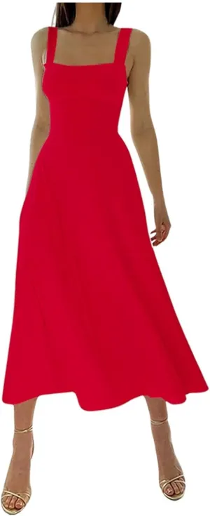 PTOLOCIF Women's Solid Color Thick Shoulder Strap Slim Fit Lace Up Waist Dress Casual Skirt Plus Size Dress Suits