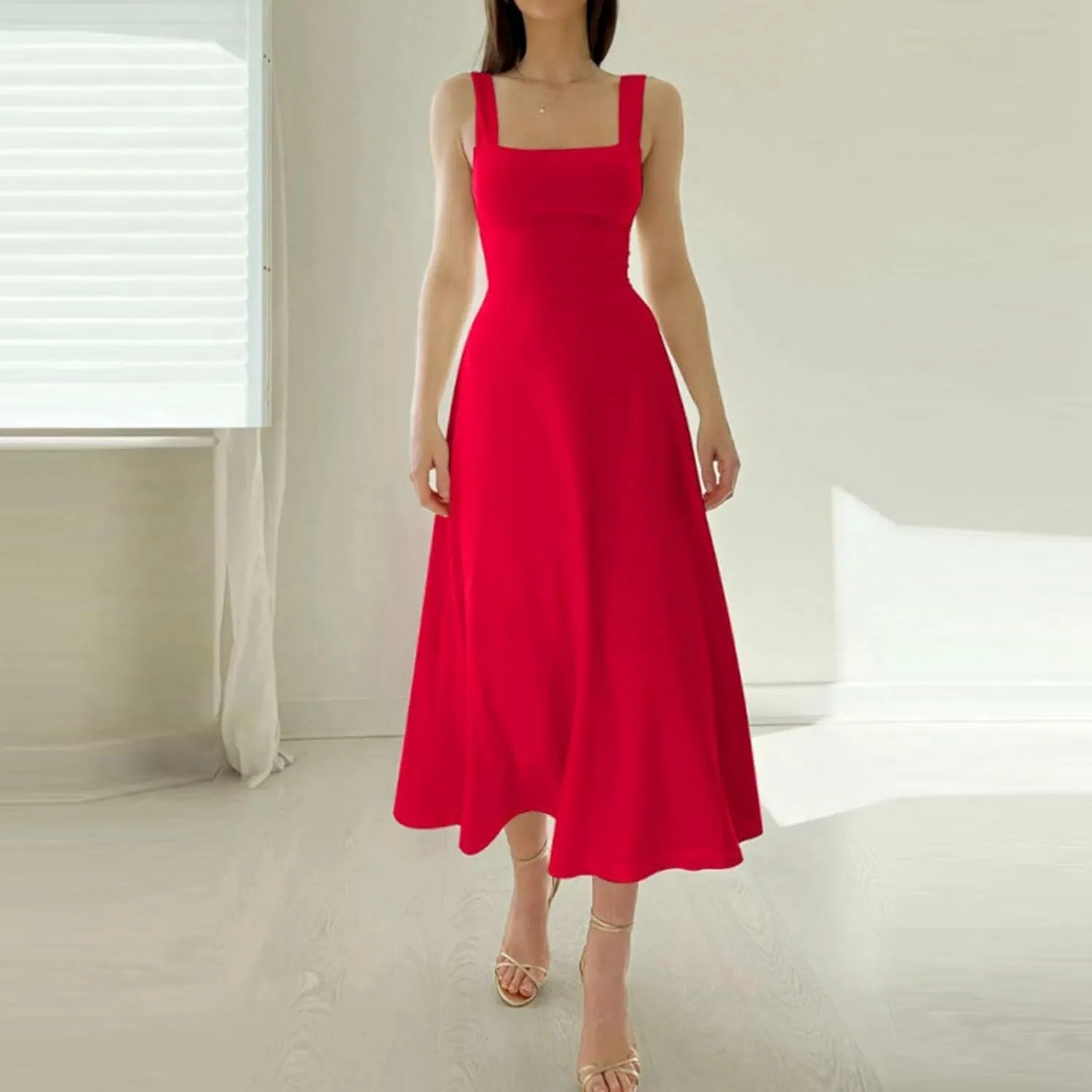 PTOLOCIF Women's Solid Color Thick Shoulder Strap Slim Fit Lace Up Waist Dress Casual Skirt Plus Size Dress Suits