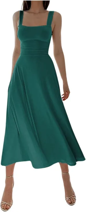PTOLOCIF Women's Solid Color Thick Shoulder Strap Slim Fit Lace Up Waist Dress Casual Skirt Plus Size Dress Suits