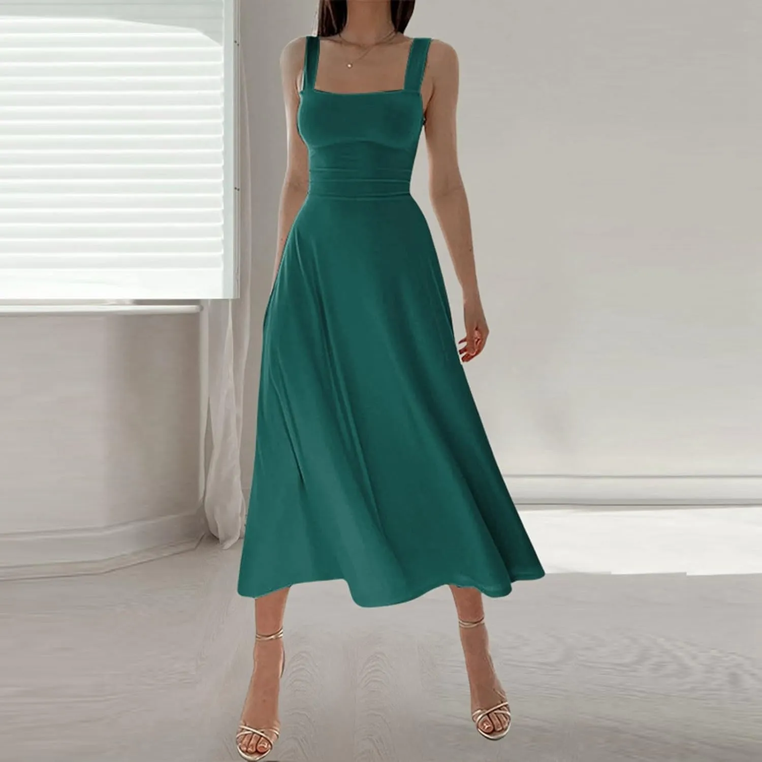PTOLOCIF Women's Solid Color Thick Shoulder Strap Slim Fit Lace Up Waist Dress Casual Skirt Plus Size Dress Suits