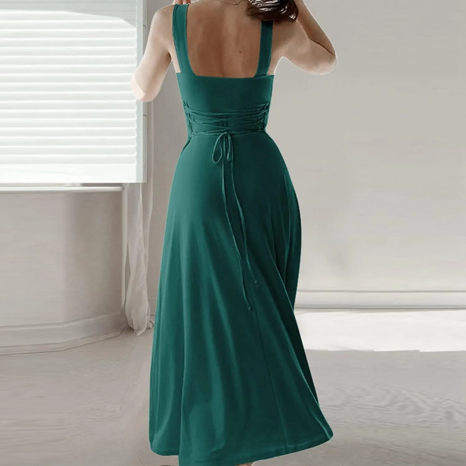 PTOLOCIF Women's Solid Color Thick Shoulder Strap Slim Fit Lace Up Waist Dress Casual Skirt Plus Size Dress Suits