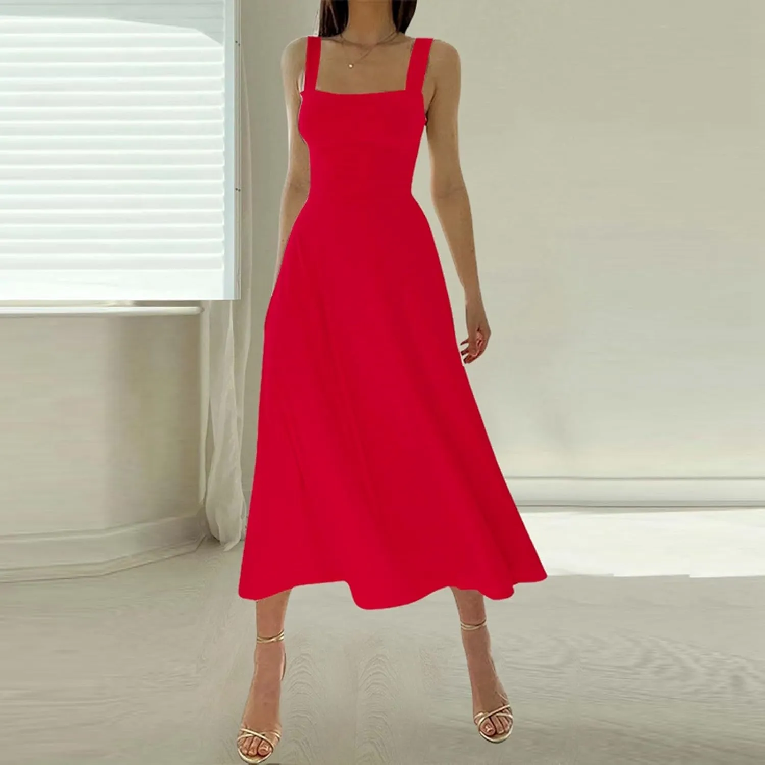 PTOLOCIF Women's Solid Color Thick Shoulder Strap Slim Fit Lace Up Waist Dress Casual Skirt Plus Size Dress Suits