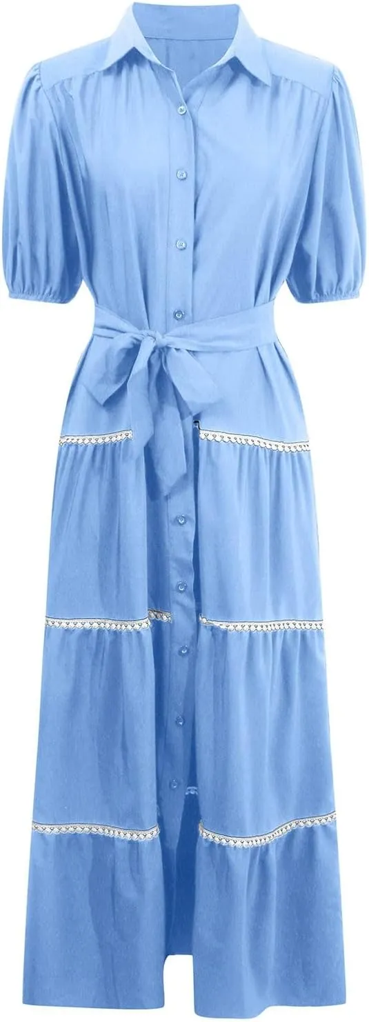 PTOLOCIF Women's Summer Button Up Short Sleeve Layered Pleated Flowing Long Skirt Formal Midi Dress with Sleeves