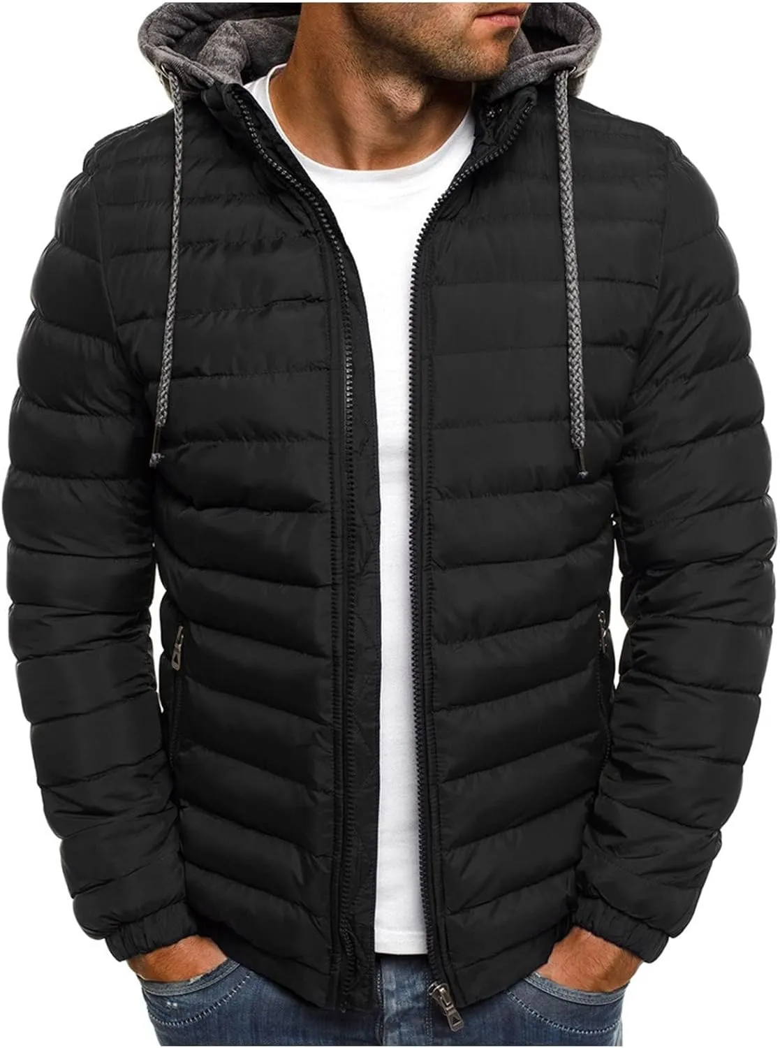 Puffer Jacket Men Fall Winter Thin Quilted Jacket Long Sleeve Padded Coat Casual Zip Up Down Coats Slim Fit Outerwear
