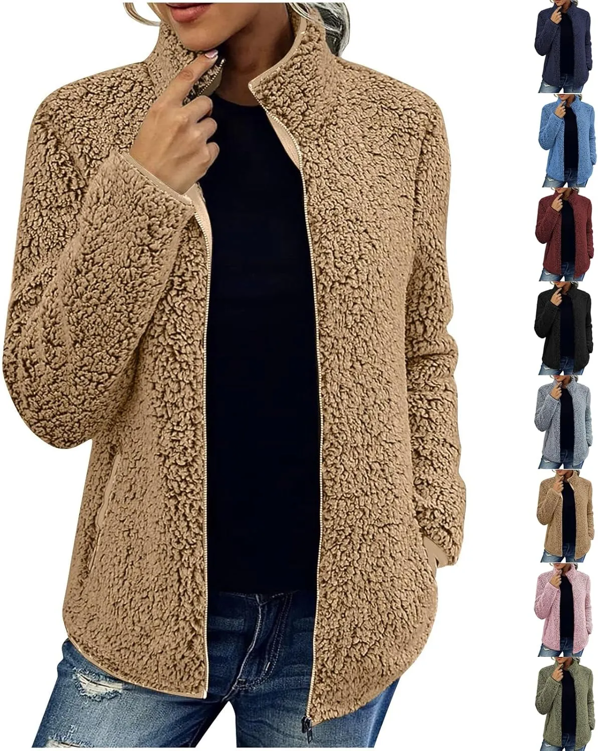 Sherpa Lined Jacket Women Long Sleeve Oversized Faux Fur Coats Casual Lapel Collar Winter Teddy Coats with Pockets