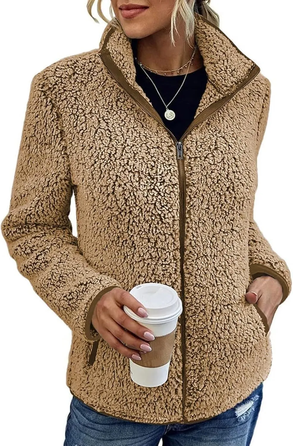 Sherpa Lined Jacket Women Long Sleeve Oversized Faux Fur Coats Casual Lapel Collar Winter Teddy Coats with Pockets