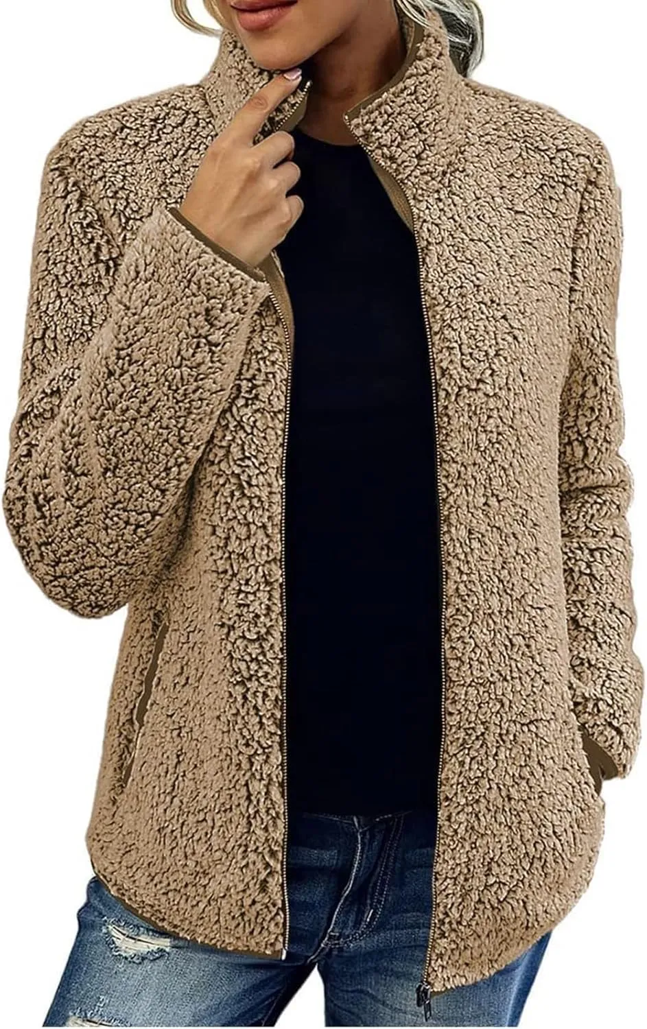 Sherpa Lined Jacket Women Long Sleeve Oversized Faux Fur Coats Casual Lapel Collar Winter Teddy Coats with Pockets