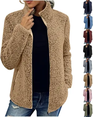 Sherpa Lined Jacket Women Long Sleeve Oversized Faux Fur Coats Casual Lapel Collar Winter Teddy Coats with Pockets