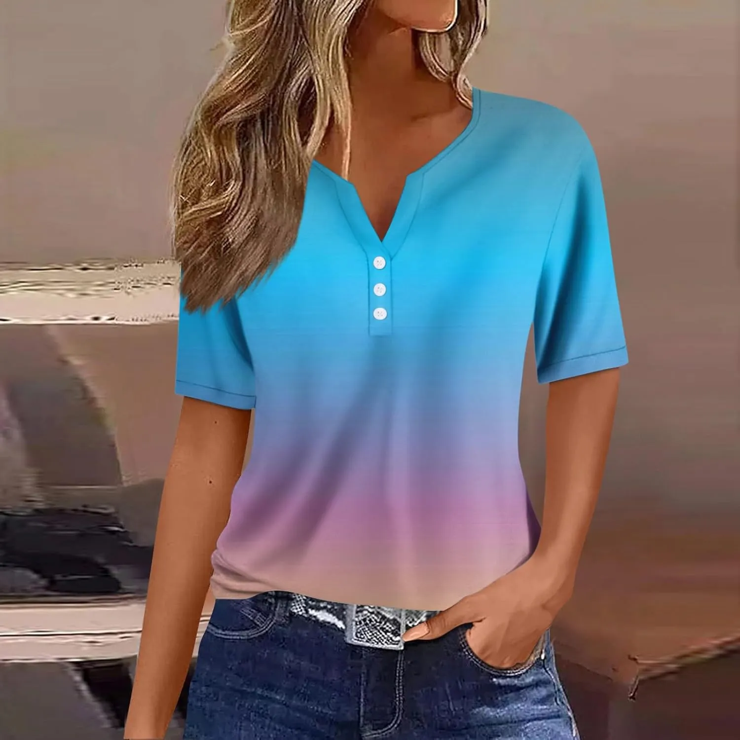 Spring Tops for Women Vacation Trendy V Neck 2025 Casual Short Sleeve Shirts Loose Comfy Tunic Clothes