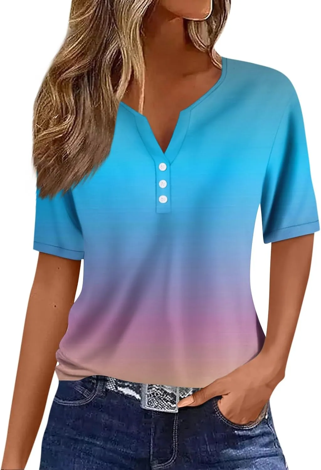 Spring Tops for Women Vacation Trendy V Neck 2025 Casual Short Sleeve Shirts Loose Comfy Tunic Clothes