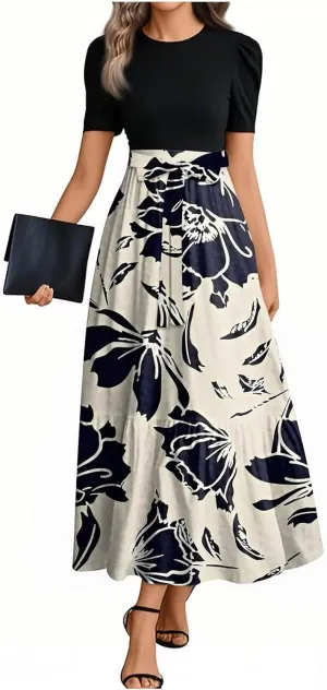 Summer Dresses for Women Elegant Boho Tie Belted Patchwork Empire Waist Short Sleeve Modest Flowy Maxi Long Dress