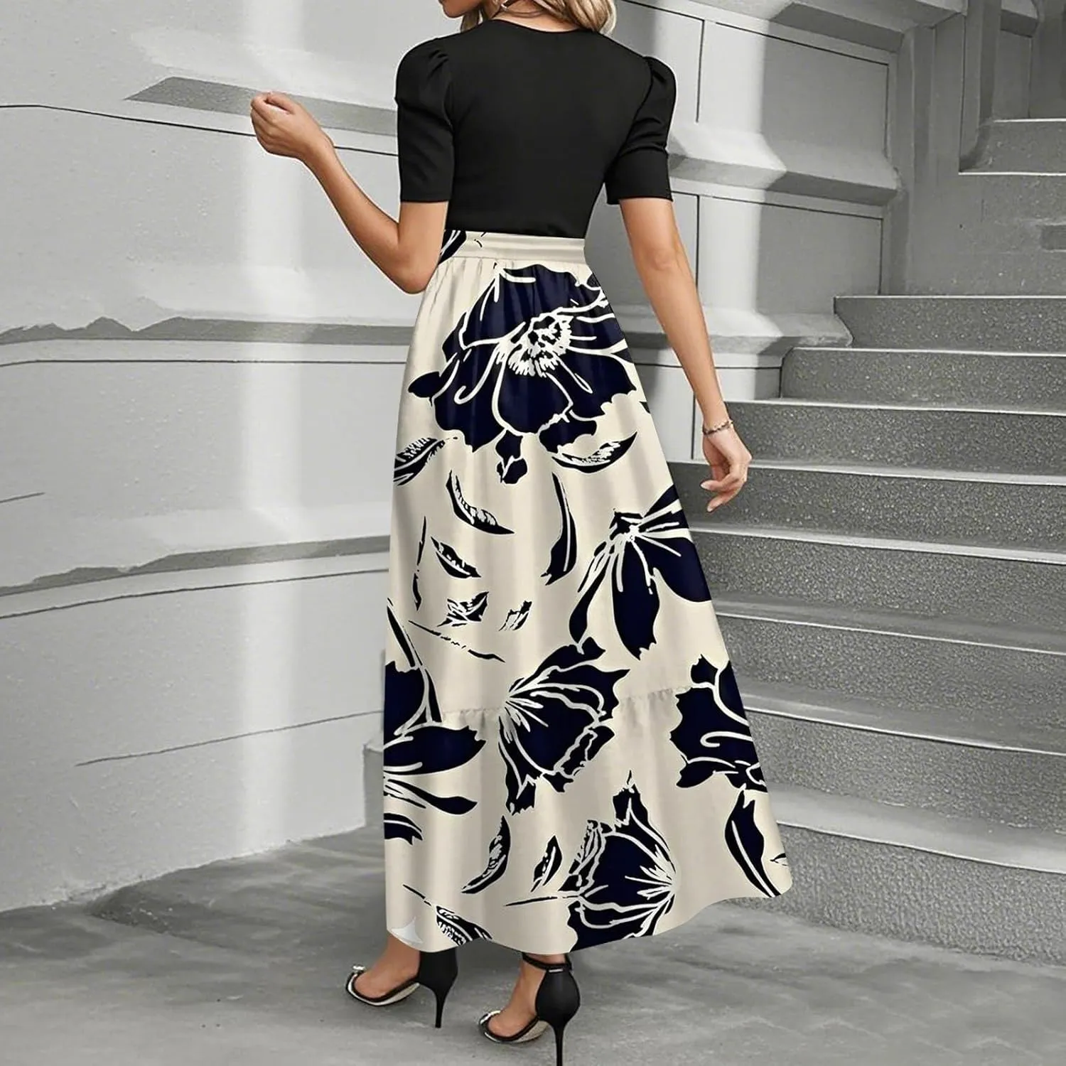 Summer Dresses for Women Elegant Boho Tie Belted Patchwork Empire Waist Short Sleeve Modest Flowy Maxi Long Dress