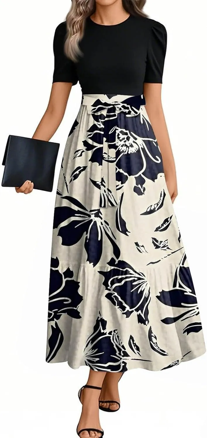 Summer Dresses for Women Elegant Boho Tie Belted Patchwork Empire Waist Short Sleeve Modest Flowy Maxi Long Dress