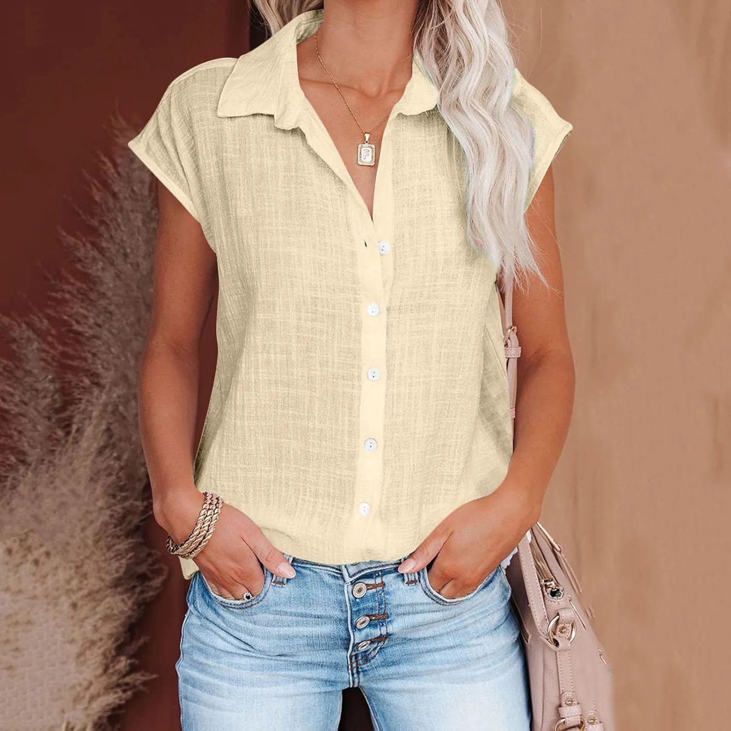 Summer Tops for Women 2024 Trendy Cotton Linen Button Down Shirts Dressy Cap Sleeve Collared Business Casual Blouses