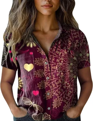 Summer Tops for Women 2025 Trendy V Neck Collared Button-up Gauze Blouses Colorful Vintage Boho Shirts Fashion 2025