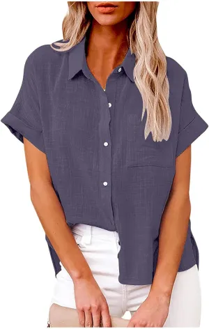 TANGNADE Oversized Linen Button Down Women Short Sleeve Shirts Collared Plus Size Boyfriend Loose Blouse with Front Pocket