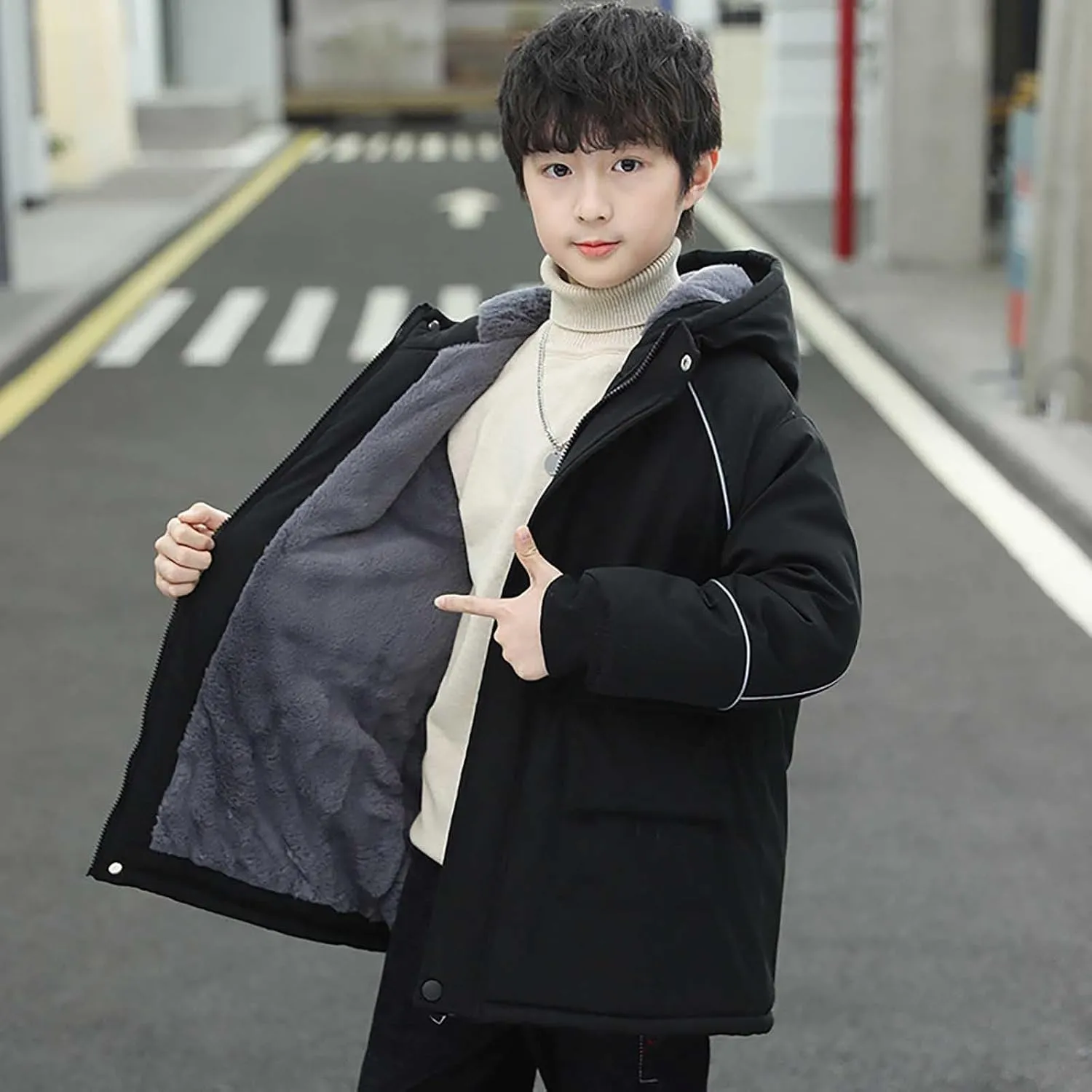 Toddler Youth Long Parka Boys Girls Winter Warm Fleece Linen Puffer Jackets Padded Outerwear Hooded Coats Clothes