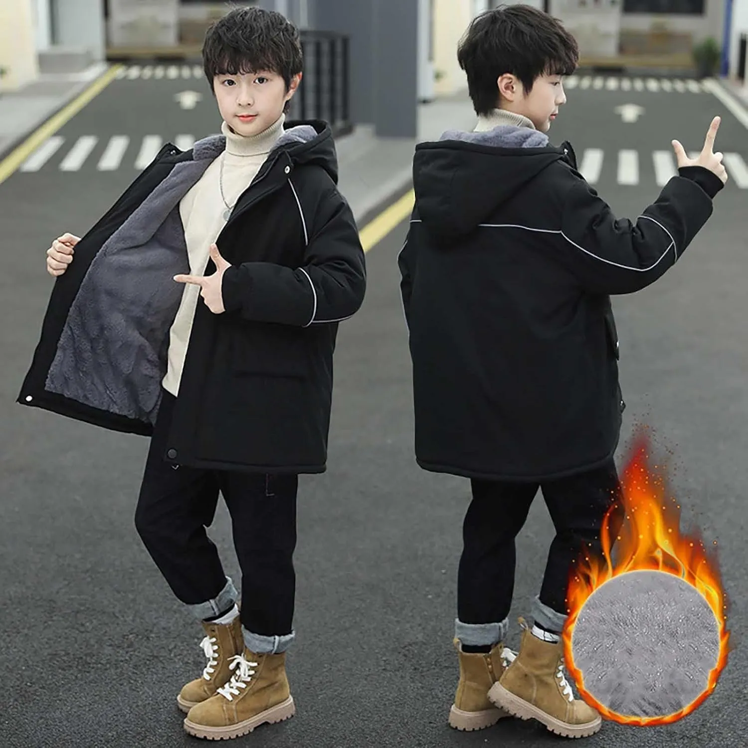 Toddler Youth Long Parka Boys Girls Winter Warm Fleece Linen Puffer Jackets Padded Outerwear Hooded Coats Clothes