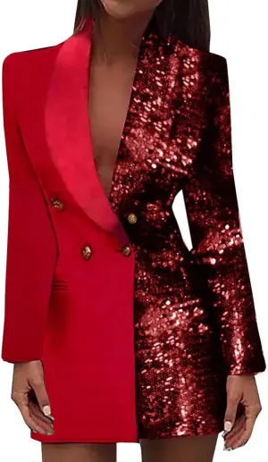 Trendy Sequin Blazer for Women Sexy Deep V Button Down Long Sleeve Jackets Elegant Color Block Slim Fit Party Jacket