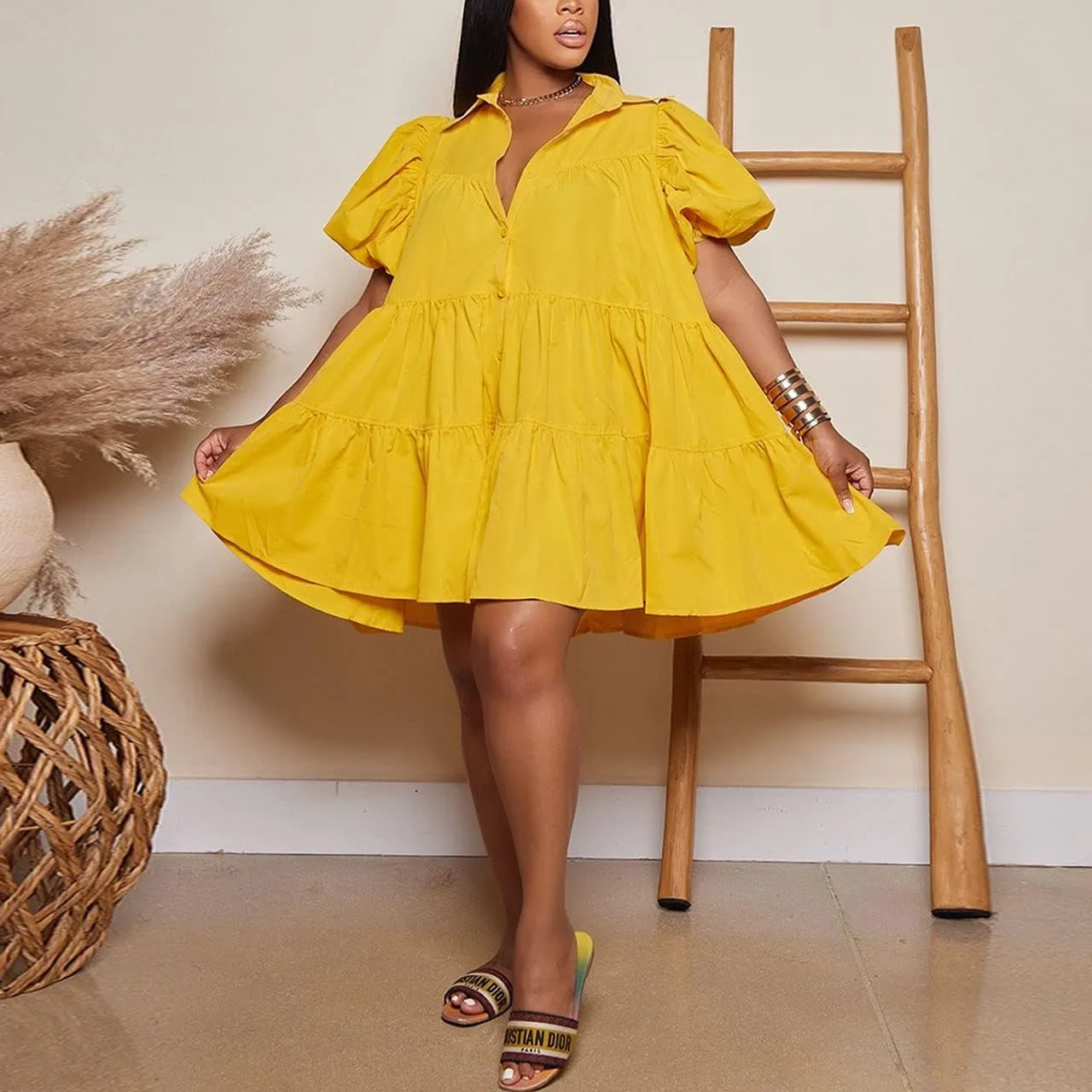 WOKANSE Women's Cute Babydoll Dresses 2024 Casual Loose Puff Sleeves Ruffle Hem Button Down Pleated Shirt Dress
