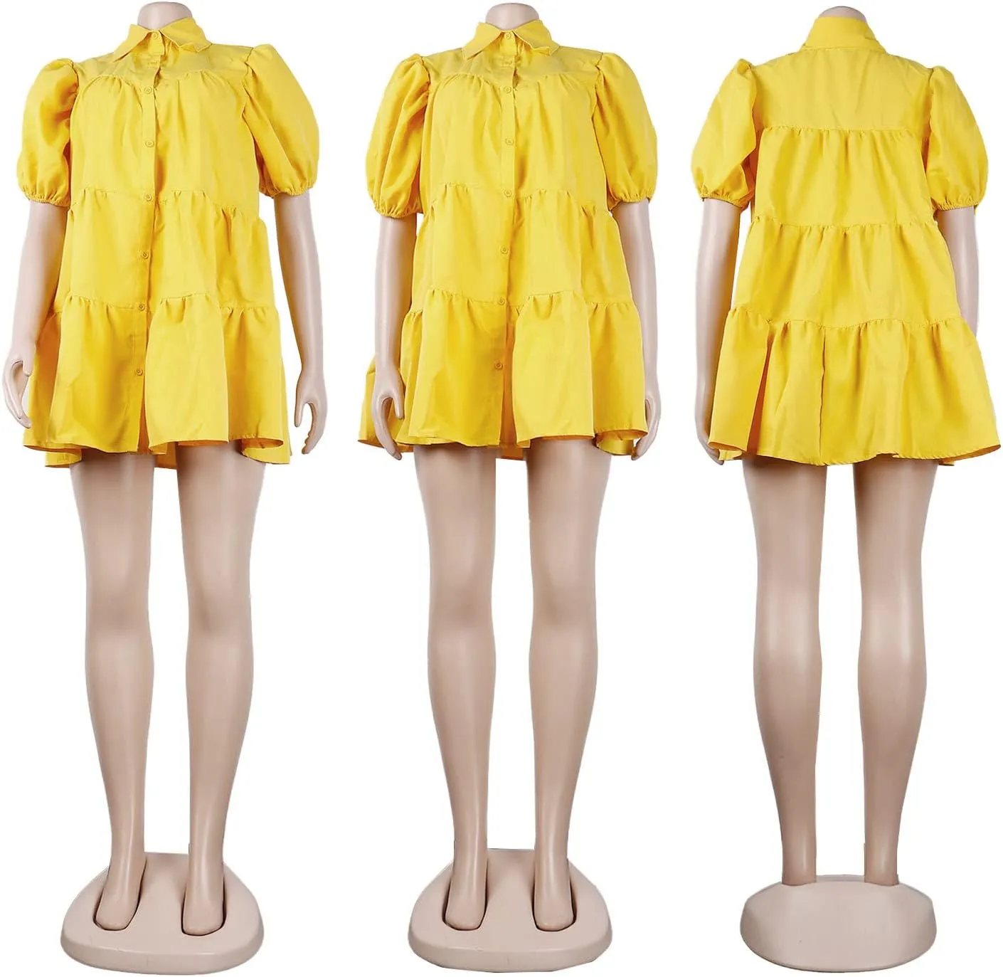 WOKANSE Women's Cute Babydoll Dresses 2024 Casual Loose Puff Sleeves Ruffle Hem Button Down Pleated Shirt Dress