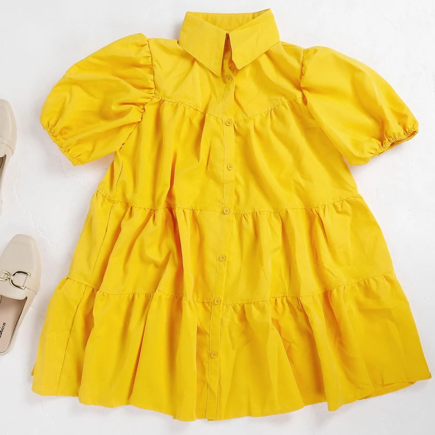 WOKANSE Women's Cute Babydoll Dresses 2024 Casual Loose Puff Sleeves Ruffle Hem Button Down Pleated Shirt Dress