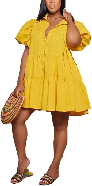 WOKANSE Women's Cute Babydoll Dresses 2024 Casual Loose Puff Sleeves Ruffle Hem Button Down Pleated Shirt Dress