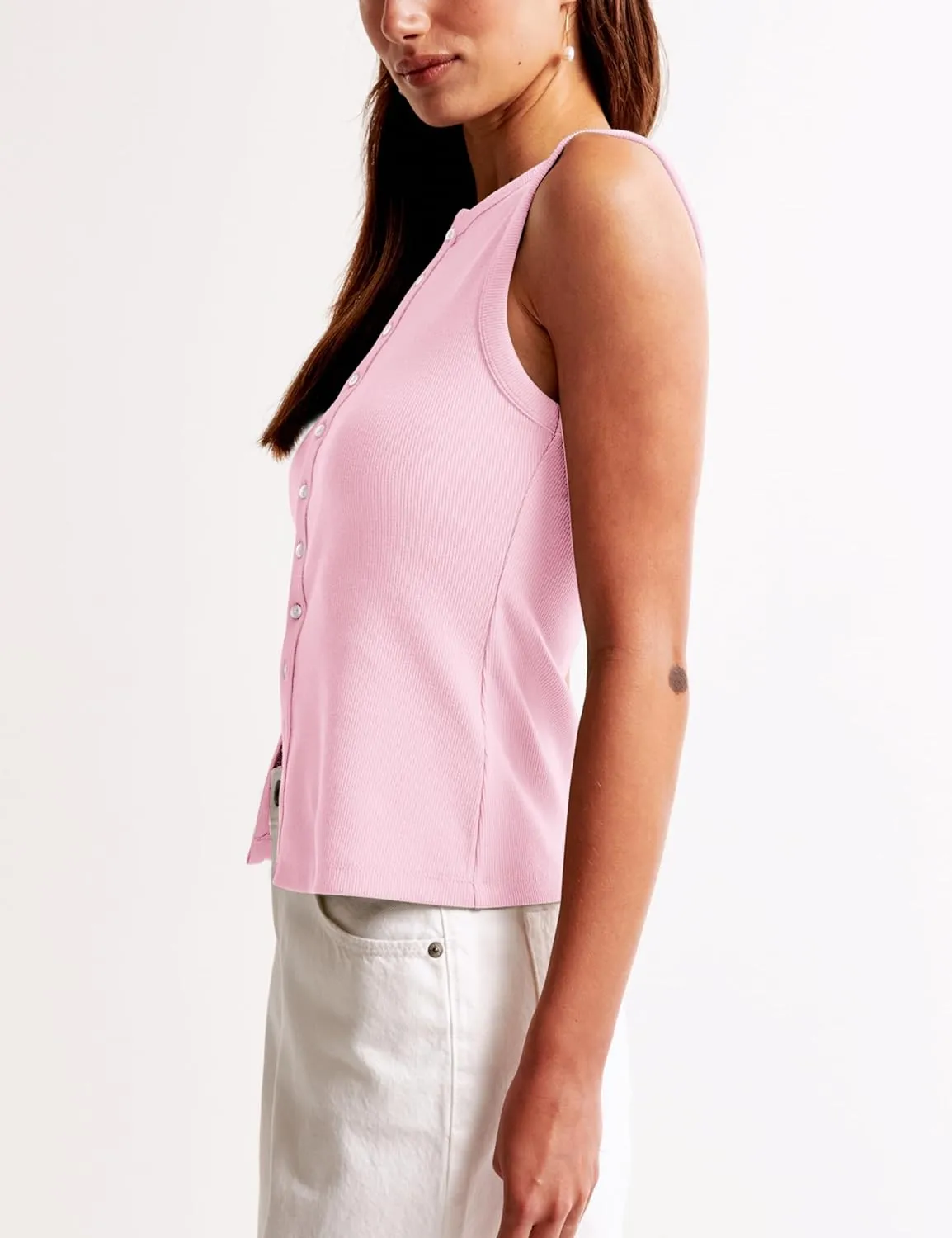 Women Crewneck Sleeveless Button Up Tank Shirts Slim Fit Ribbed Knit Vest Tops Office Siren Going Out Preppy Teen