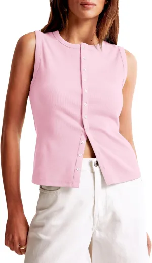 Women Crewneck Sleeveless Button Up Tank Shirts Slim Fit Ribbed Knit Vest Tops Office Siren Going Out Preppy Teen