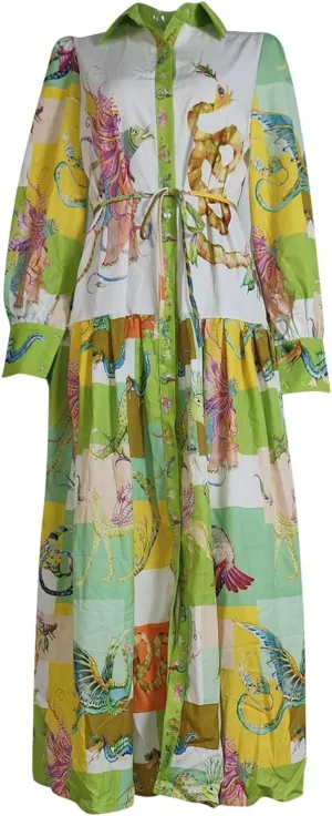 Women Cute Print Maxi Dress Loose Long Sleeve Boho Flowy Graffiti Long Aline Wedding Guest Dress