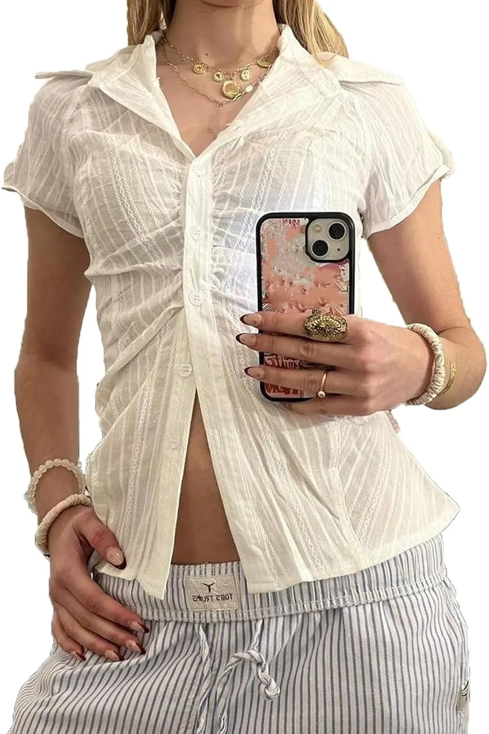 Women Y2K Plaid Button Down Shirt Coquette Short Sleeve V Neck Blouses Top Vintage Preppy Crop Top Shirt