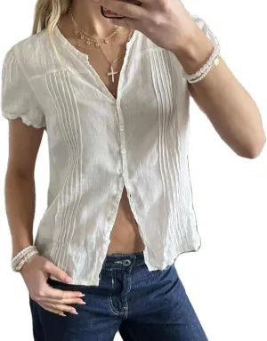 Women Y2K Plaid Button Down Shirt Coquette Short Sleeve V Neck Blouses Top Vintage Preppy Crop Top Shirt