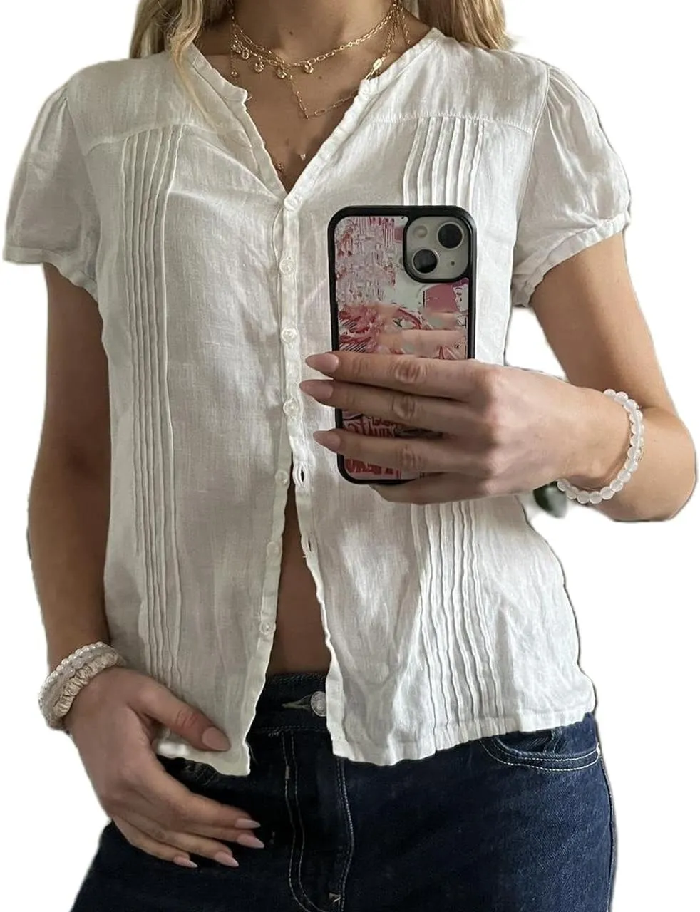 Women Y2K Plaid Button Down Shirt Coquette Short Sleeve V Neck Blouses Top Vintage Preppy Crop Top Shirt